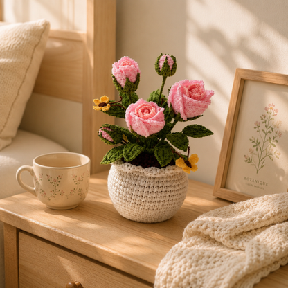 Handmade Crochet Pink Rose With Yellow Butterfly Flower Pot