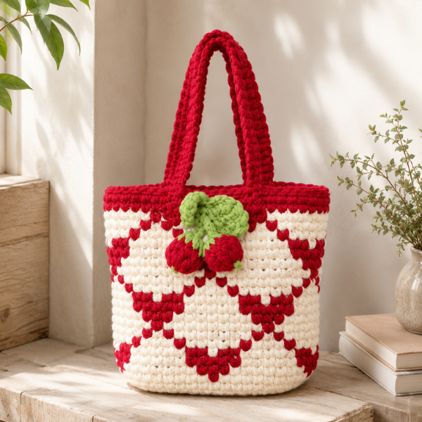 Handmade Crochet Cherry Checker Tote Bag