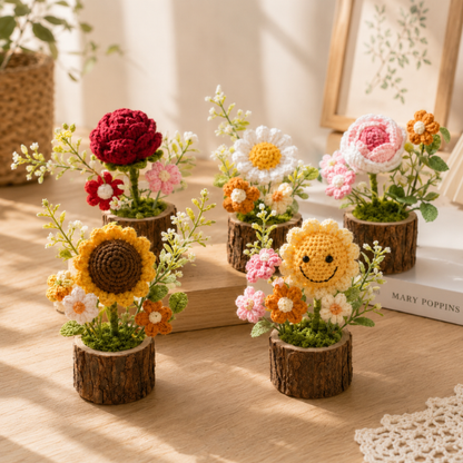 Handmade Crochet Bouquet Mini Forever Flower Wooden Pot