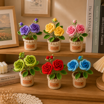 Handmade Crochet Rose Flower Bouquet Mini Pot