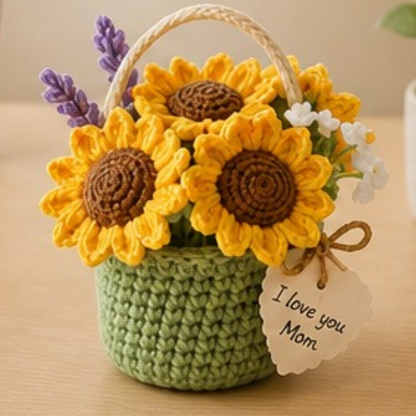 Handmade Crochet I Love You Mom Sunflower Pot, Cute Desk Decor, Home Decor, Relaxing Gift For Mom, Gift For Girlfriend, Crochet Sunflower