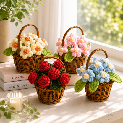 Handmade Crochet Daisy Rose Flower Bouquet Basket