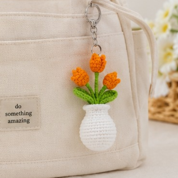 Handmade Crochet Tulip Flower Vase Keychain
