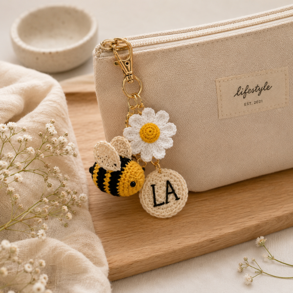 Handmade Crochet Personalized Name Bee Daisy Keychain