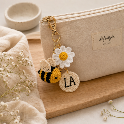 Handmade Crochet Personalized Name Bee Daisy Keychain
