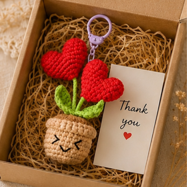 Handmade Crochet Heart Flower Pot Keychain
