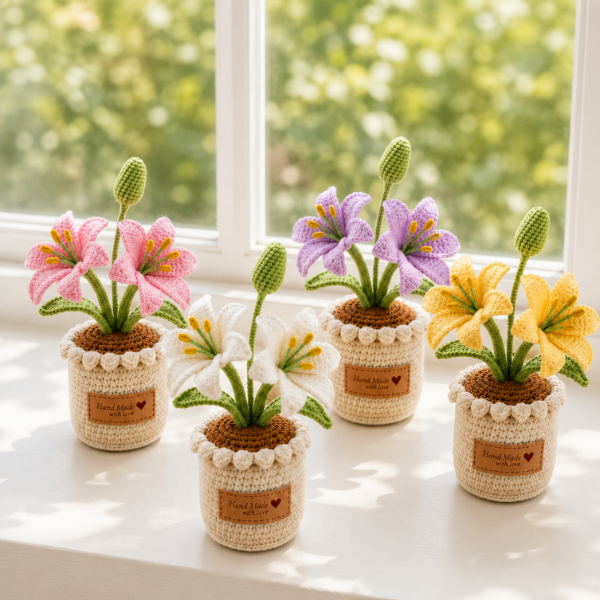 Handmade Crochet Lily Flower Bouquet Mini Pot