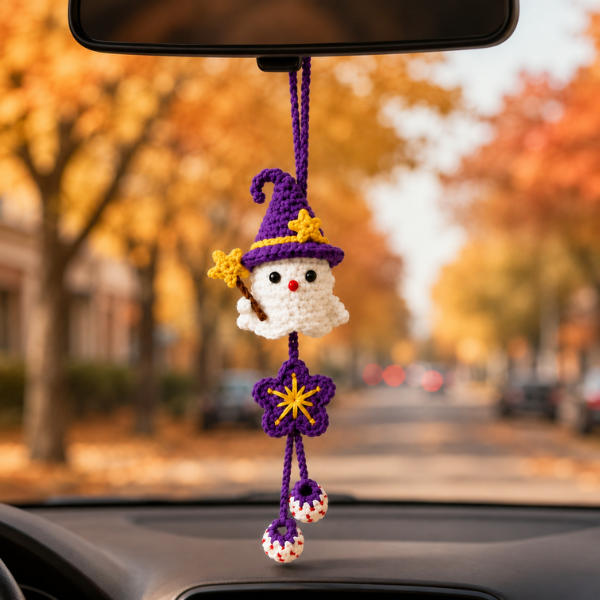 Handmade Crochet Halloween Ghost Witch, Pumpkin & Bat Decor Car Hanging