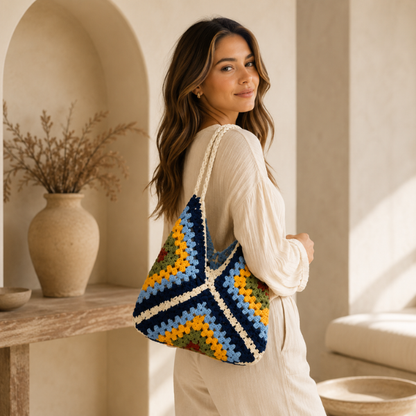 Handmade Crochet Colorblock Granny Tote Bag