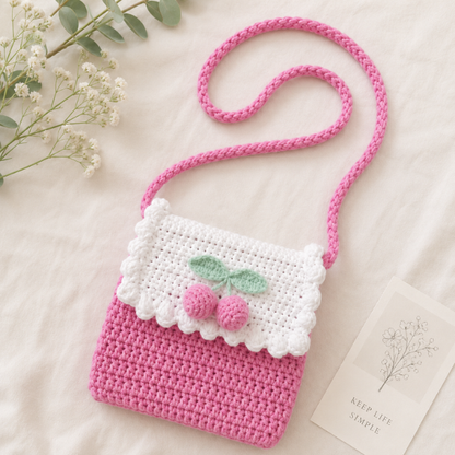 Handmade Crochet Kawaii Cherry Drawstring Bag