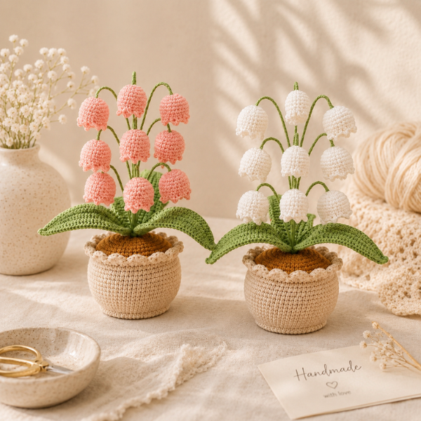 Handmade Crochet Pink And White Lily Of The Valley Flower Pot