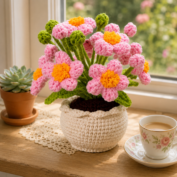 Handmade Crochet Cute Pink Daisy With Buds Flower Pot