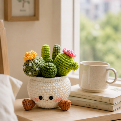Handmade Crochet Smiling Cactus Crochet Pot