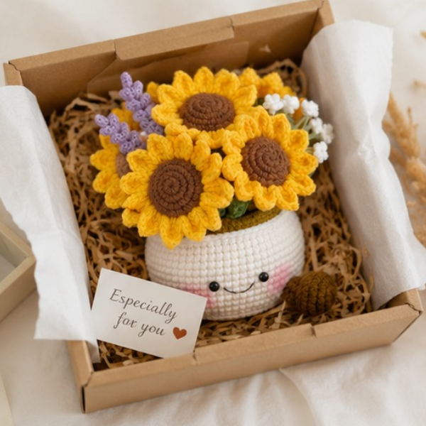 Handmade Crochet Adorable Smiling Sunflower Pot