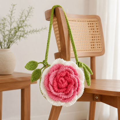 Handmade Crochet Pink Rose Crossbody Bag