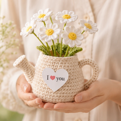 Handmade Crochet I Love You Multi Daisy Teapot, Handmade Flower Pot Anniversary Gift, Crochet Daisy, Desktop Decor