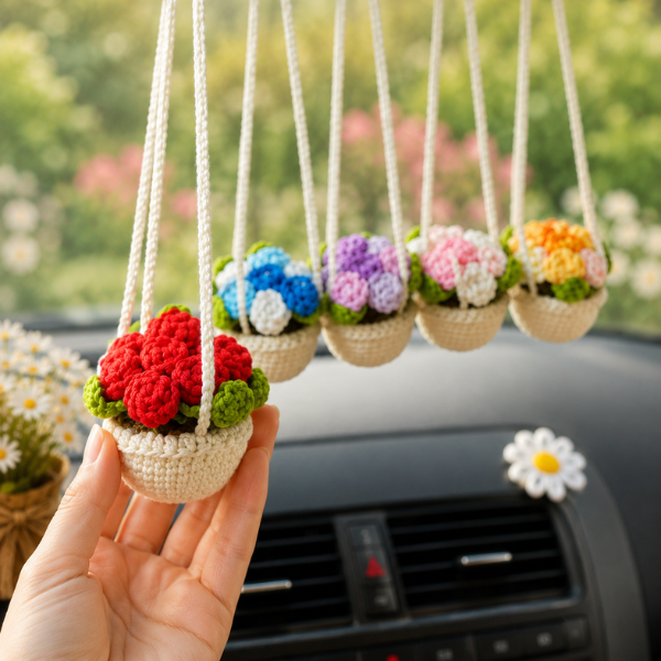 Handmade Crochet Cute Rose Flower Pot Car Hanging