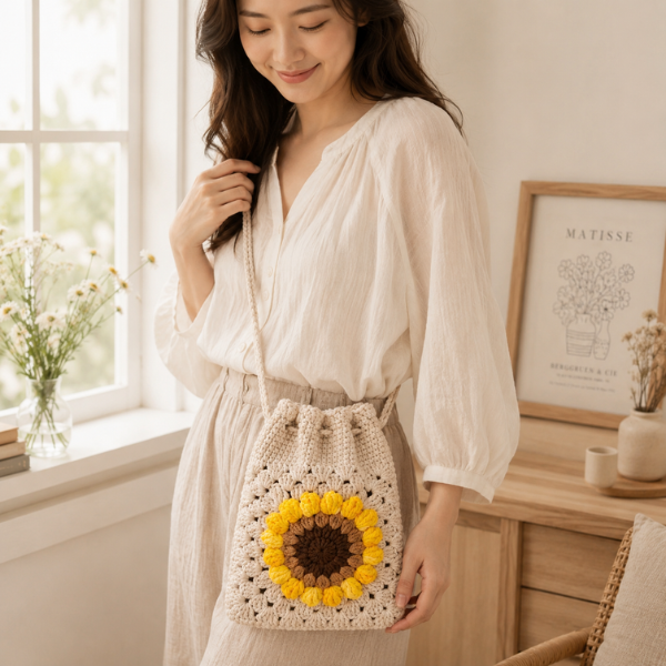 Handmade Crochet Boho Sunflower Drawstring Bag