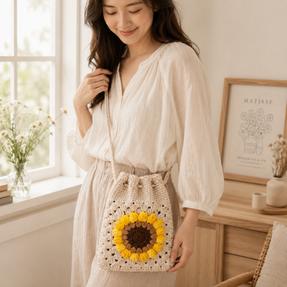 Handmade Crochet Boho Sunflower Drawstring Bag