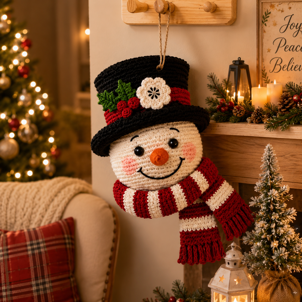 Handmade Crochet Christmas Snowman Wall Hanging