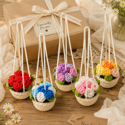 Handmade Crochet Cute Rose Flower Pot Car Hanging