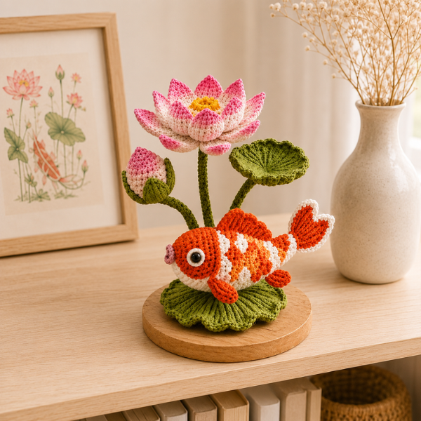 Handmade Crochet Koi Fish Lotus Flower Arrangement