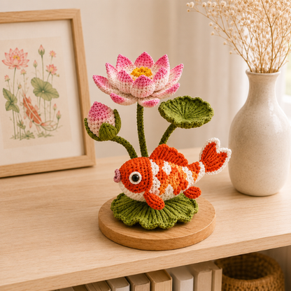 Handmade Crochet Koi Fish Lotus Flower Arrangement