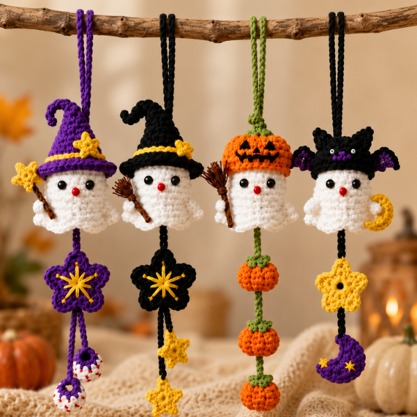 Handmade Crochet Halloween Ghost Witch, Pumpkin & Bat Decor Car Hanging