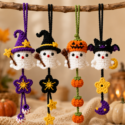 Handmade Crochet Halloween Ghost Witch, Pumpkin & Bat Decor Car Hanging