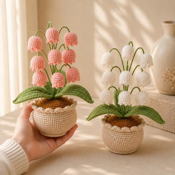 Handmade Crochet Pink And White Lily Of The Valley Flower Pot
