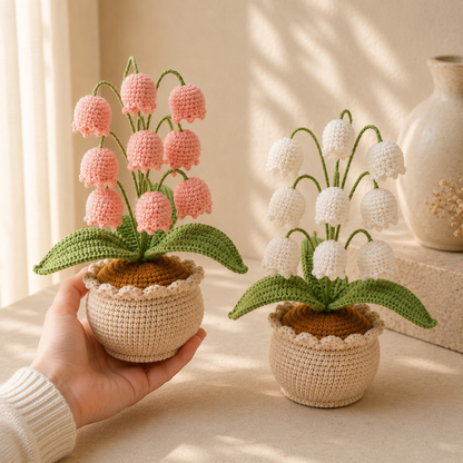 Handmade Crochet Pink And White Lily Of The Valley Flower Pot