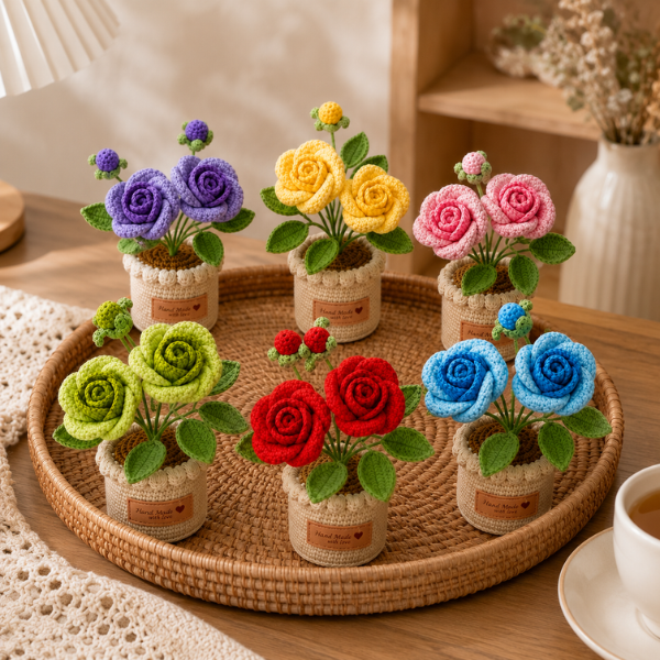 Handmade Crochet Rose Flower Bouquet Mini Pot
