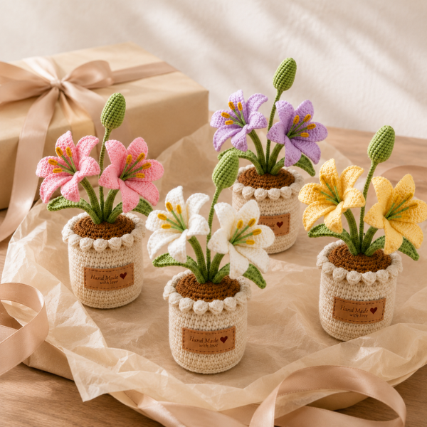 Handmade Crochet Lily Flower Bouquet Mini Pot