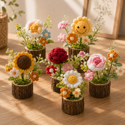 Handmade Crochet Bouquet Mini Forever Flower Wooden Pot