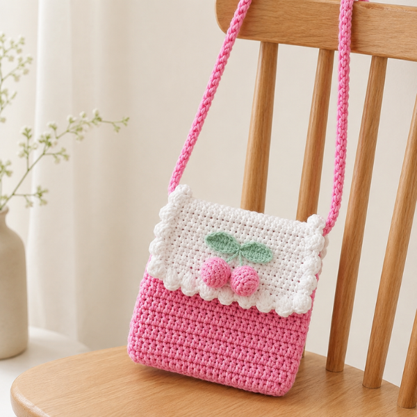 Handmade Crochet Kawaii Cherry Drawstring Bag