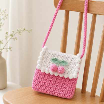 Handmade Crochet Kawaii Cherry Drawstring Bag