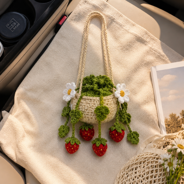 Handmade Crochet Strawberry Mix Daisy Flower Vine Car Hanging
