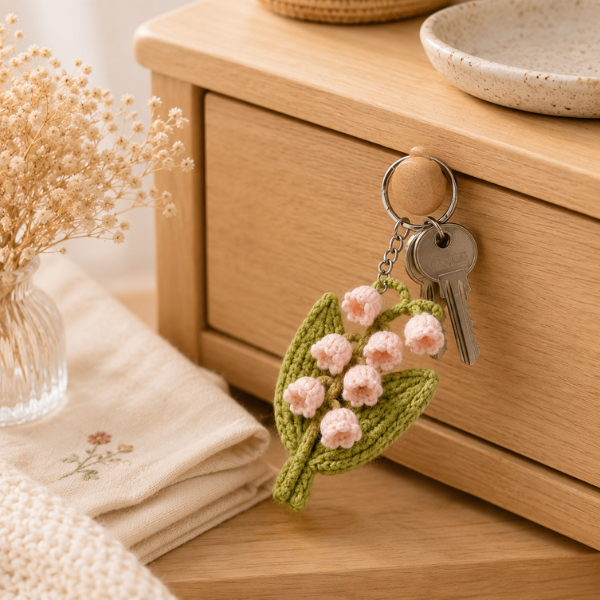 Handmade Crochet Pink Lily Of The Valley Keychain