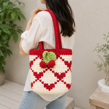 Handmade Crochet Cherry Checker Tote Bag