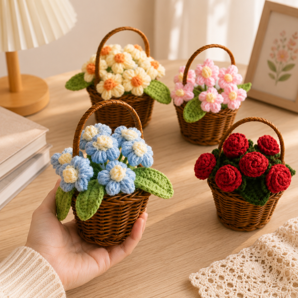 Handmade Crochet Daisy Rose Flower Bouquet Basket