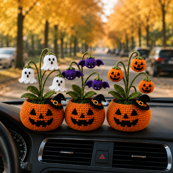Handmade Crochet Halloween Pumpkin Ghost Pot
