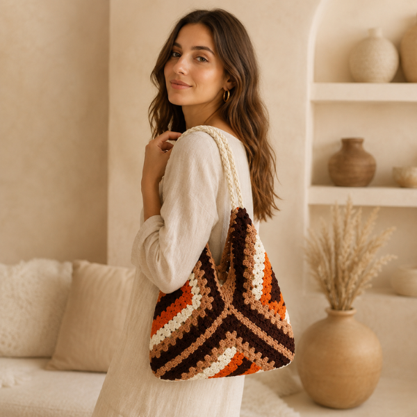 Handmade Crochet Colorblock Granny Tote Bag