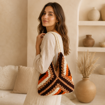 Handmade Crochet Colorblock Granny Tote Bag