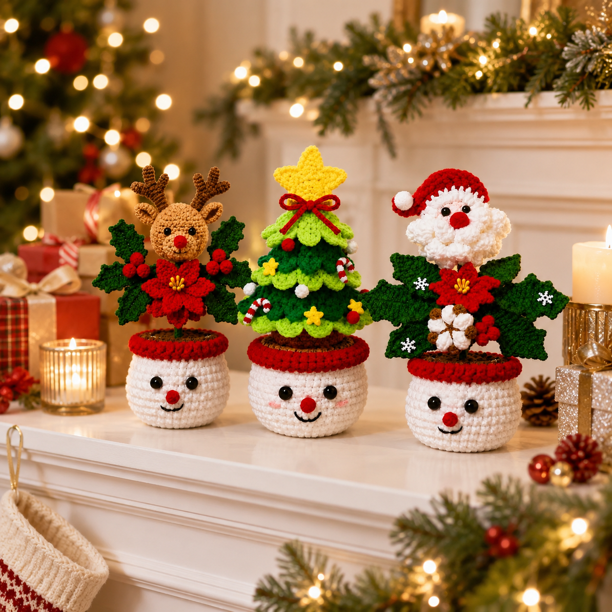 Handmade Crochet Cute Christmas Festive Character Pot