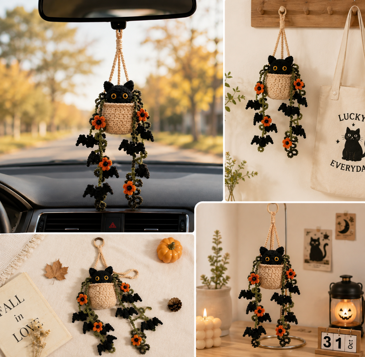 Handmade Crochet Halloween Black Cat Plant Car Hanging