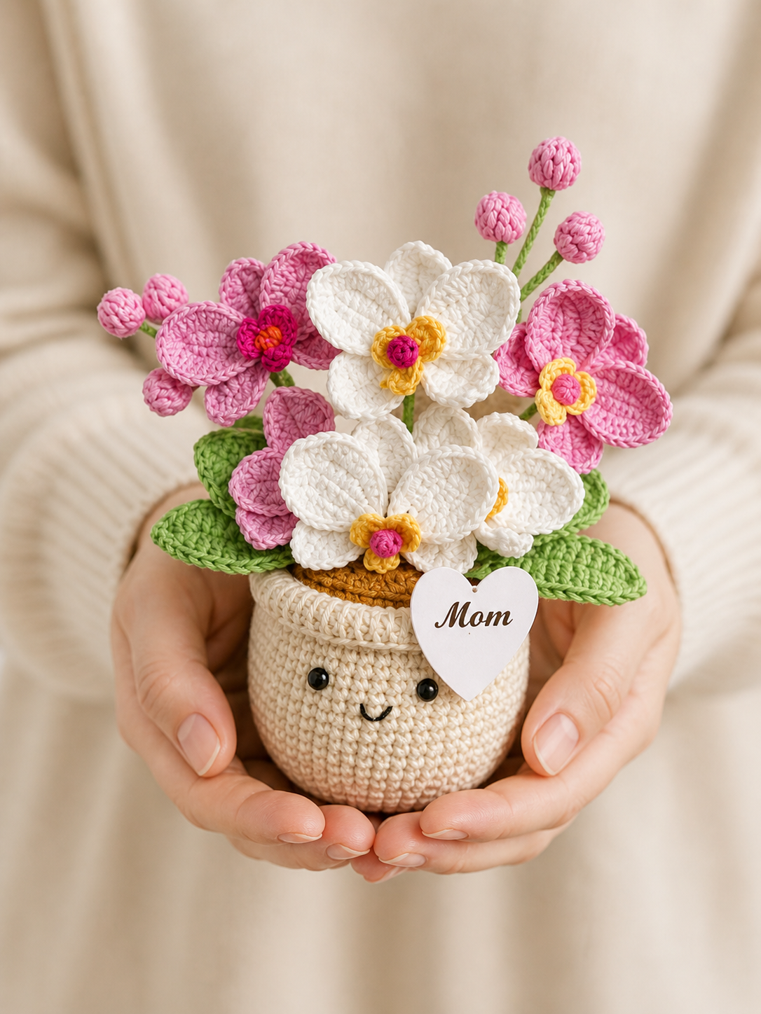Handmade Phalaenopsis with Pot Crochet, Knitted Support Orchid Flowers Gift Mom Daughter Gifts Mother's Day