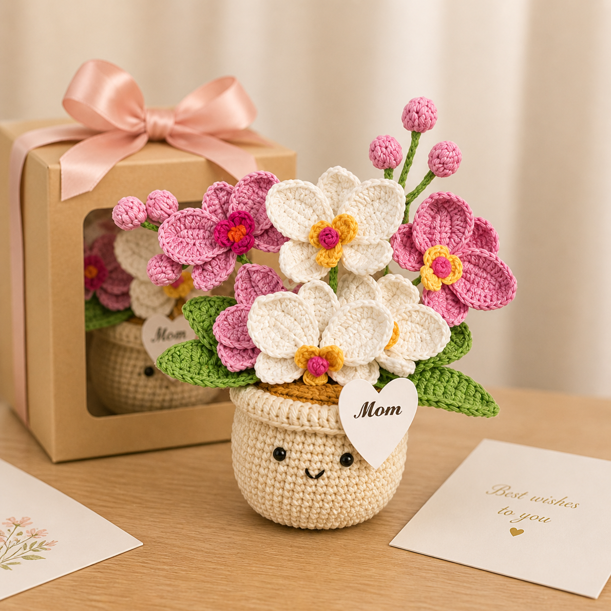 Handmade Phalaenopsis with Pot Crochet, Knitted Support Orchid Flowers Gift Mom Daughter Gifts Mother's Day