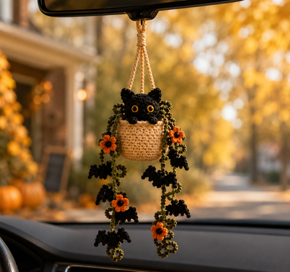 Handmade Crochet Halloween Black Cat Plant Car Hanging