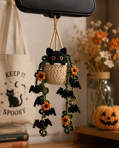 Handmade Crochet Halloween Black Cat Plant Car Hanging