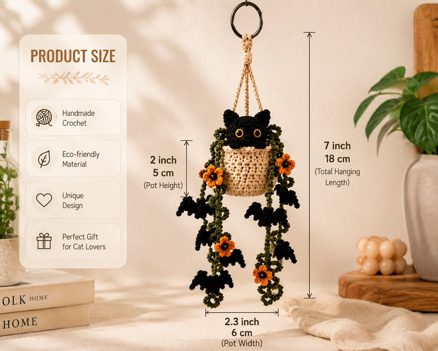 Handmade Crochet Halloween Black Cat Plant Car Hanging